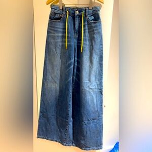 Alice + Olivia Blue Wide Leg Pants with Yellow Drawstring